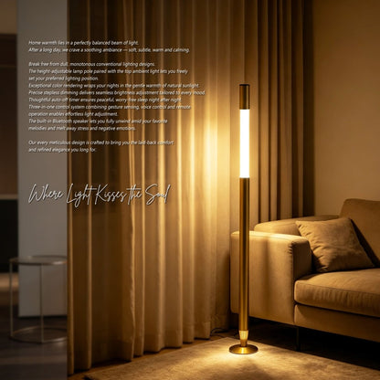 Brushed Brass Motorised Lifting Smart Floor Lamp – BT Speaker – Lower Ambient Light - JOJOYO Home