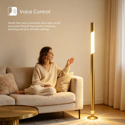Brushed Brass Motorised Lifting Smart Floor Lamp – BT Speaker – Lower Ambient Light – Angled Column - JOJOYO Home
