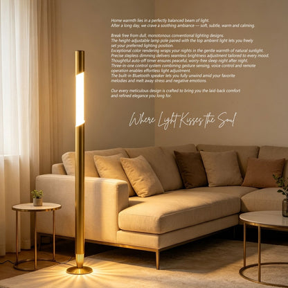 Brushed Brass Motorised Lifting Smart Floor Lamp – BT Speaker – Lower Ambient Light – Angled Column - JOJOYO Home