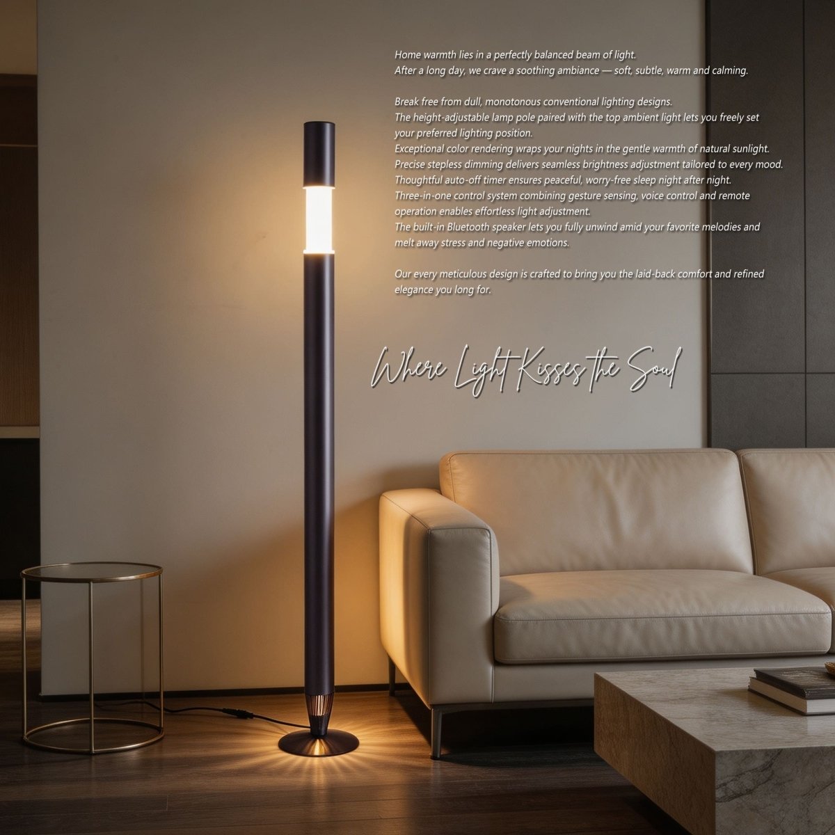 Brushed Gun Black Motorised Lifting Smart Floor Lamp – BT Speaker – Lower Ambient Light - JOJOYO Home